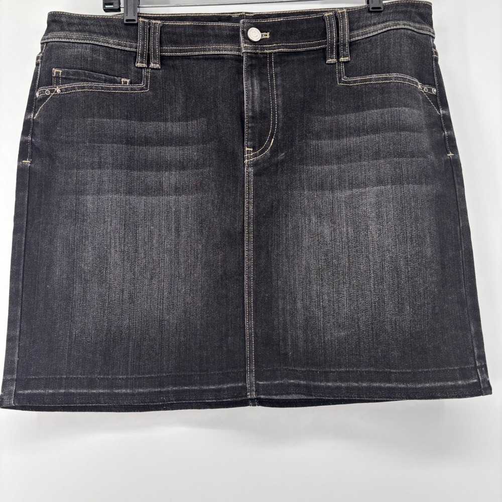 White House Black Market Womens Denim Mini Skirt Dark Black Rhinestone Size 14